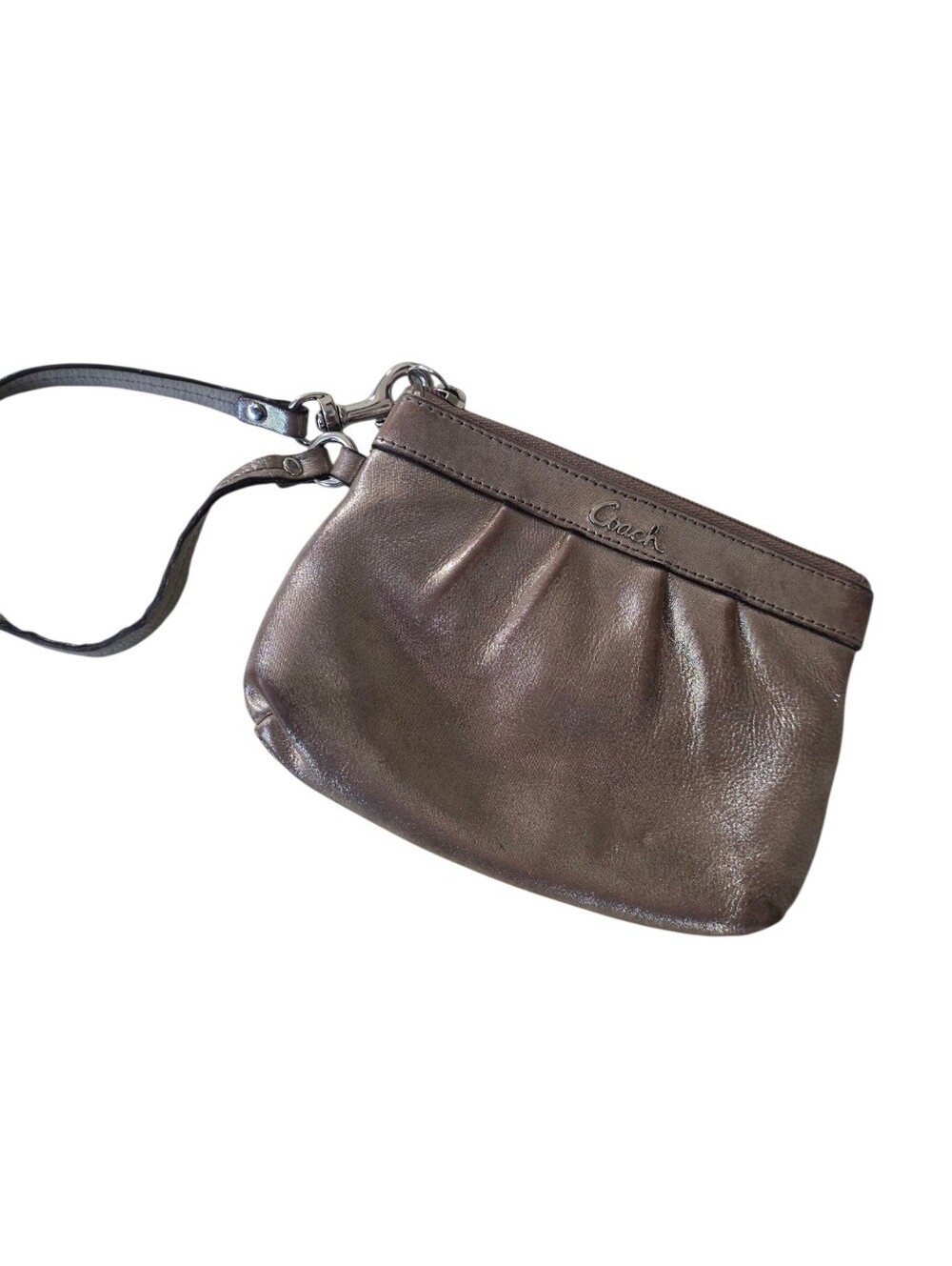Coach Metallic Brown Leather Wristlet with Pleated Front